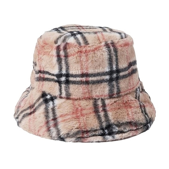 Tartan Plaid Print Faux Fur Camel Fluffy Hat OS - Picture 2 of 3